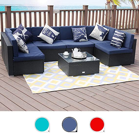 LUCKWIND Patio Conversation Sectional Sofa Chair Table - 7 Piece All-Weather Black Checkered Wicker Rattan Seating Cushion Patio Ottoman Modern Glass Coffee Table Outdoor Accend Pillow 300lbs (Blue)