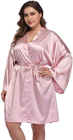 Women's Plus Size Satin Robes Short Silky Bathrobes Bridesmaid Party Dressing Gown