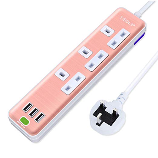 TISDLIP Extension Lead with USB Slots 3 USB Ports 3 Way Sockets 1.8M Rose Gold