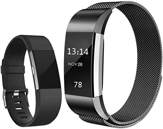 Replacement Bands Compatible for Fitbit Charge 2, Stainless Steel Metal Magnetic Strap and Extra Silicone Replacement Bands (Black   Black Small)