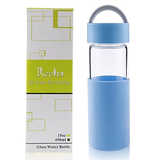 Reeho® Borosilicate Glass Water Bottle With Non Slip Silicone Sleeve [BPA Free] (Blue, 15 oz)