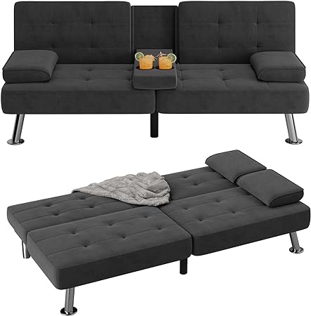 Flamaker Futon Sofa Bed Modern Fabric Couch, Convertible Folding Futon Couch Recliner Lounge for Living Room with 2 Cup Holders with Armrest (Fabric, Black)