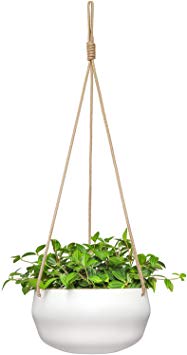 Mkono Ceramic Hanging Planter for Indoor Plants Modern Outdoor Porcelain Hanging Plant Holder 8 Inch Geometric Flower Pot with Polyester Rope Hanger for Herbs Ferns Ivy, White