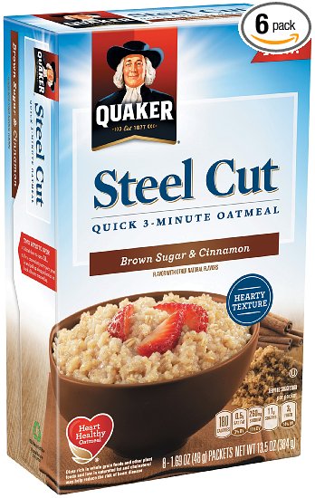 Quaker Steel Cut Quick 3-minute Oatmeal, Brown Sugar and Cinnamon, 13.5 Ounce (6 Pack)