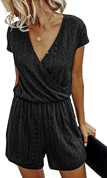 Angashion Women’s Rompers-Summer Deep V Neck Wrap Floral Polka Dot Short Sleeve Beach Short Jumpsuit