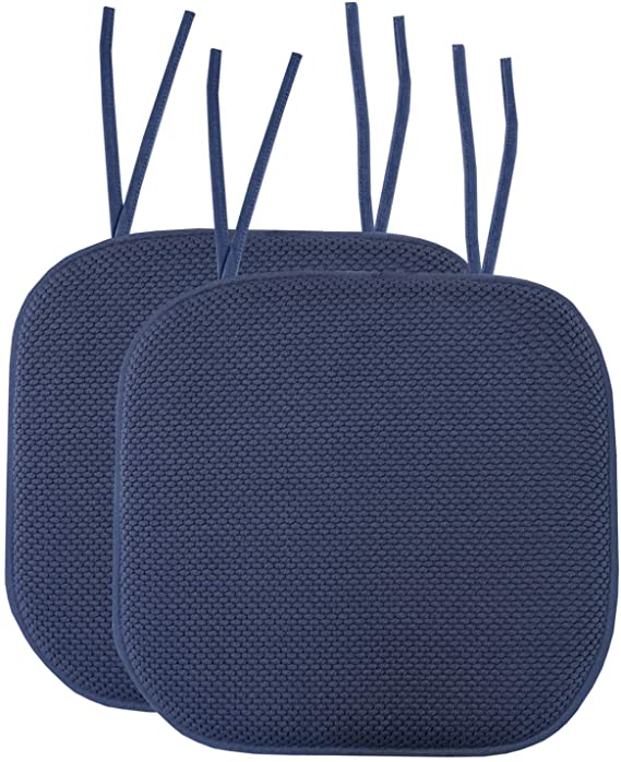 Sweet Home Collection Chair Cushion Memory Foam Pads with Ties Honeycomb Pattern Slip Non Skid Rubber Back Rounded Square 16" x 16" Seat Cover, 2 Pack, Navy