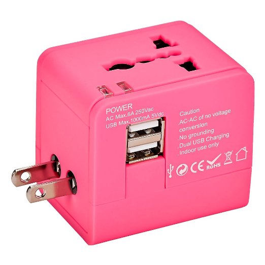 Mudder US UK EU AU Universal International Travel Power Plug Adapter Charger With 2 USB Ports 1A for Cell Phone No Voltage Conversion Pink