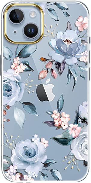 luolnh Compatible with iPhone 14 Case with Flowers,for Girls Women,Shockproof Clear Floral Pattern Hard Back Cover for iPhone 14 6.1 inch 2022 -Blue