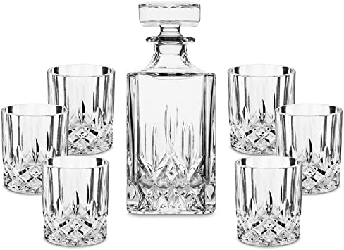 Noblesse Crystal Whiskey Decanter Set - Premium Quality Liquor Decanter with 6 Scotch Glasses for Bourbon or Whisky - 7 Piece