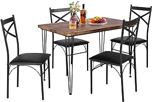 VECELO Kitchen Dining Room Table 4 Chairs for Small Space, Apartment,Metal Steel Frame, 5-Piece Set, Brown