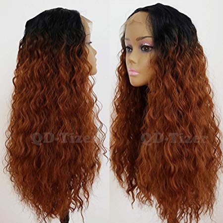 QD-Tizer Ombre Brown Loose Curly Synthetic Lace Front Wigs Dark Roots Heat Resistant #1/#30 Long Curly Wigs