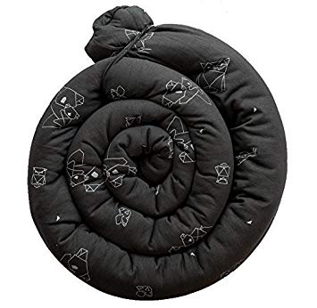New! Organic Bumper Snake Plush Pillow for Crib and Bed - 79" Organic Cotton with Unique Origami Animals Design for Boys and Girls - for Undisturbed Sleep. Machine Washable, Off Black, by Kookoolon