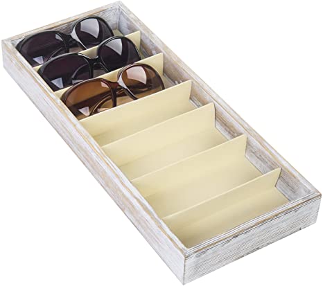 MyGift 7 Compartment Shabby Whitewashed Wood Sunglasses Open Top Storage Display Case