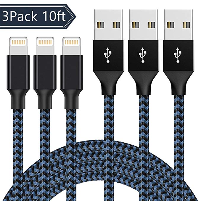 Lightning Cable, AOFU Charger Cables 3Pack 10FT to USB Syncing and Charging Cable Data Nylon Braided Cord Charger for iPhone X/8/8 Plus/7/7 Plus/6/6 Plus/6s/6s Plus/5/5s/5c/SE and More-Black Blue