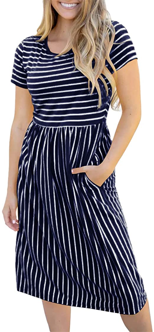 MEROKEETY Women's 3/4 Balloon Sleeve Striped High Waist T Shirt Midi Dress with Pockets