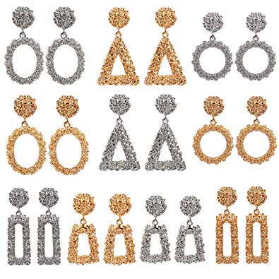 10 Pairs Mixed Wholesale Gold/Silver Raised Design Statement Earrings Punk Style Drop Earrings for Women Geometric-Shaped Chunky Metal Fashing Eardrops Lightweight Big Dangle Earrings Set