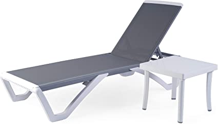 Kozyard Alan Full Flat Alumium and Polypropylene Resin Legs Patio Reclinging Adustable Chaise Lounge with Sunbathing Textilence, 5 Adjustable Position (Gray Textilene with Table)