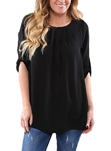 Dokotoo Womens Casual Solid Cuffed Sleeve Chiffon Blouses Tops T-Shirts