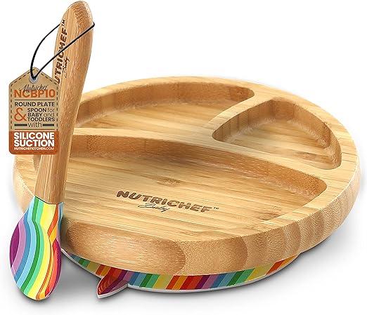 NutriChef Baby and Toddler plate - silicon suction, 3 compartment, Non-toxic All-natural Bamboo Baby Food plate (Rainbow), Small