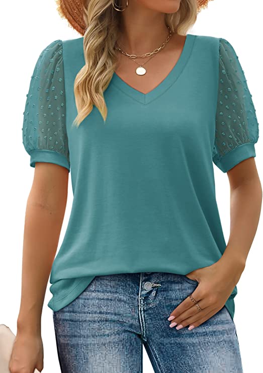 Aokosor Womens Summer Tops V Neck T Shirts Swiss Dot Puff Sleeve Tops Loose Casual Tshirts