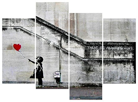 Pyradecor Banksy Grafitti Girl with Red Balloon Large 4 Panels Modern Stretched and Framed Giclee Canvas Prints Artwork Grey Love Pictures Paintings on Canvas Wall Art for Office Home Decorations L