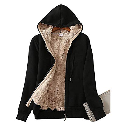 Ladies Plain Hoodie Winter Warm Fleece Lined Zip Up Jacket Coat for Women