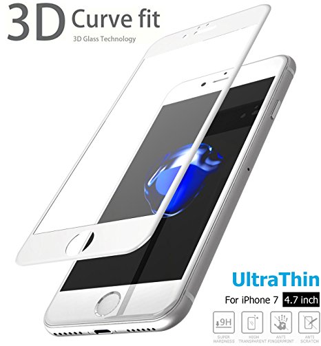 TOZO 3D Screen Protector Glass for iPhone 7, Full Screen Frame [3D Touch Compatible] Premium Tempered Glass 9H Hardness 2.5D PET Soft Edge Silk Print Super Clear Perfect Fit Screen [4.7] White