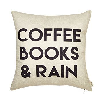 Fjfz Coffee Books and Rain Motivational Inspirational Quote Cotton Linen Home Decorative Throw Pillow Case Cushion Cover with Words for Book Lover Worm Sofa Couch, 18" x 18"