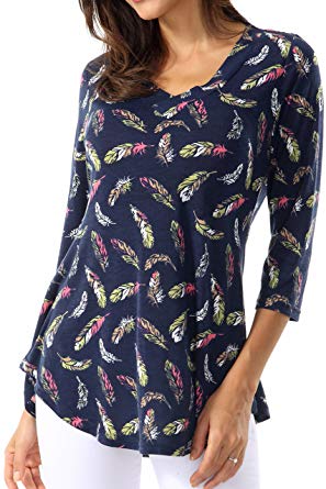 Bzonly Women V Neck 3/4 Sleeve Casual Tunic Shirts Feather Printed Blouses Tops