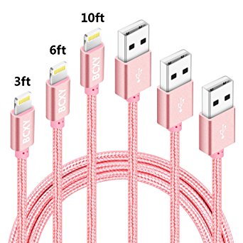 BCXY iphone Charger 3PCS 3FT 6FT 10FT Nylon Braided Lightning USB Cable Cord Charger Compatible with iphone 7 7 Plus 6 6s 6 plus 6s plus, iPhone 5 5s 5c,iPad, iPod and More (Rose)