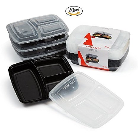ChefLand 20-Pack 3 Compartment Bento Lunch Boxes with Lids – Between Comp. LEAK PROOF Stackable, Reusable, Microwave, Dishwasher, Freezer Safe - Meal Prep, Portion Control, Food Storage Containers