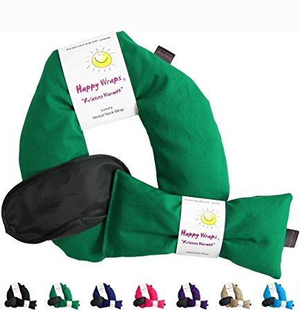Happy Wraps Herbal Neck Wrap w/Free Lavender Eye Pillow & Free Sleep Mask - Microwave or Freeze -Green Cotton