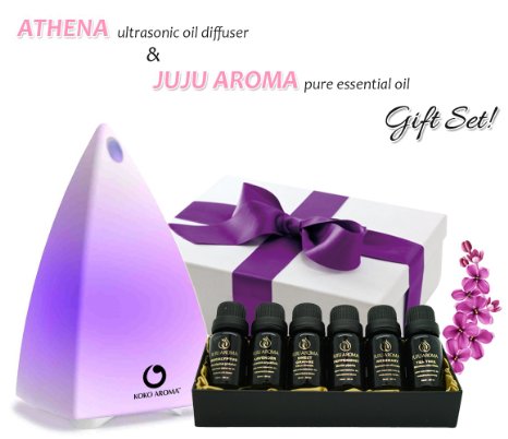 KOKO AROMA ULTRASONIC DIFFUSER Beautiful 7 LED Lights Cool Mist Air Humidifier Best Oil Burner with Juju Aroma 100% Pure Essential Oil Gift Set (Athena Diffuser w/ Juju Aroma Gift Set)