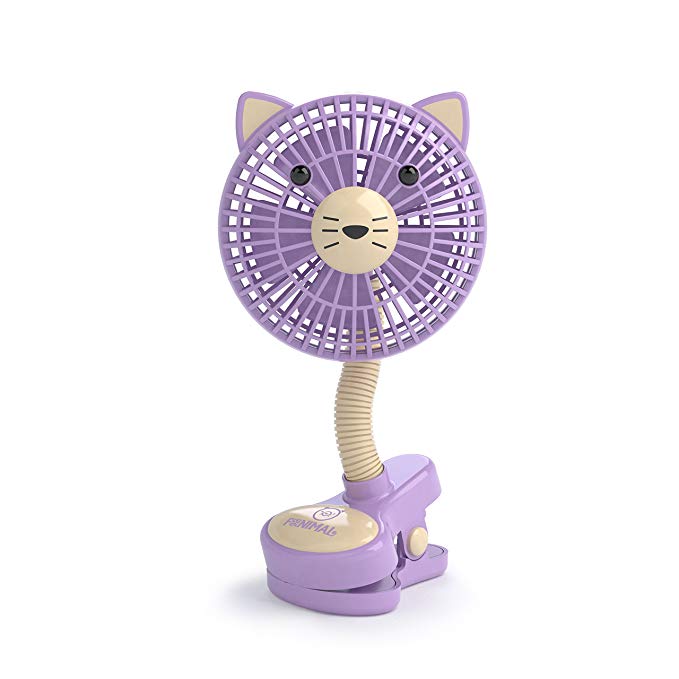 LIVION Fanimal Clip-On Stroller Fan 5" - Portable Baby Fan with Clip - Mini Desk Fan - Cute Stroller Fan with Animal Designs - Adjustable Gooseneck - USB/Battery Powered (Kitty)