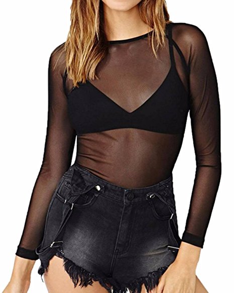 ZANZEA Women Sexy Clubwear Mesh Sheer See Through Long Sleeve Tops Shirts Blouse