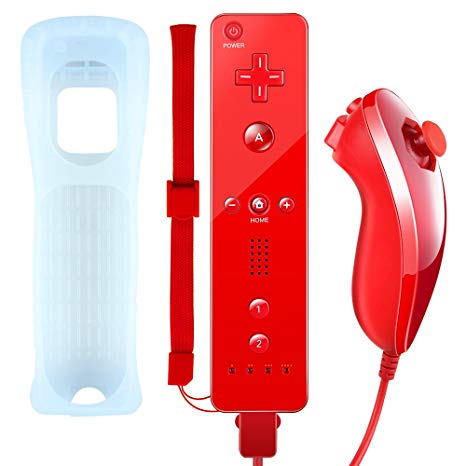 Wii Controller,XW02 Nintendo Wii Remote Control and Nunchuck With Silicone Case Wrist Strap Built-in Vibration Motor For Wii And Wii U-Red(Third-party product)