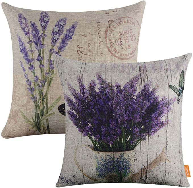 LINKWELL Pack of 2, Square Throw Pillow Covers Set Decorative Cushion Case for Sofa Bedroom Car Couch 18 x 18 Inch - French Country Purple Lavender Flower CC1038-1142