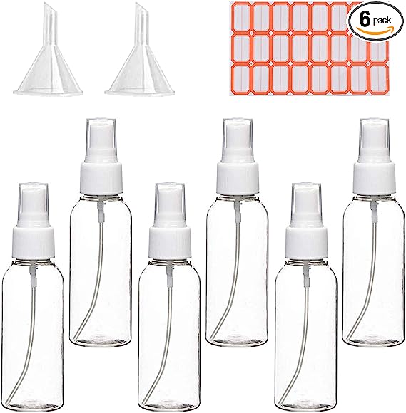 Zoizocp Spray Bottles, 2.7oz/80ml Clear Empty Fine Mist Plastic Mini Travel Bottle Set, Small Refillable Liquid Containers with 2pcs Funnels and 24pcs Labels (6 Pack)