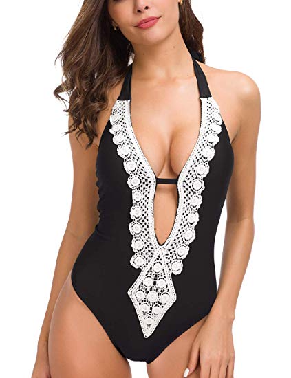 Tempotrek Women's Lace One Piece Swimsuits Beach Bikini Lace-up Deep V Neck Bathing Suit