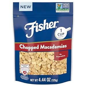 Fisher Chopped Macadamia Nuts, 4.44 oz Raw Shelled Unsalted Nuts for Cooking, Baking, or Snacking, Resealable Bag, Naturally Gluten Free, Vegan, Keto, Plant Based Protein