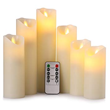 RY king 2.2" X 5" 5.5" 6" 7" 8" 9" Set of 6 Pillar Real Wax Dancing Flame-Effect Flameless LED Battery Operated Flickering Candles with Timer and 10-key Remote Control