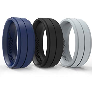 Arua Silicone Weddings Rings for Men by 3-PACK. Comfortable and Durable Rubber Wedding Bands for Sports, Gym, Outdoors. 2mm thick. Black, Grey, Dark Blue.