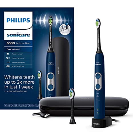 Philips Sonicare ProtectiveClean 6500 Rechargeable Electric Toothbrush with Charging Travel Case and Extra Brush Head, Navy HX6462/07