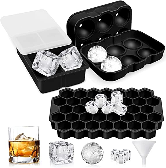 Newdora Ice Cube Trays, 3 Pack Silicone Ice Cube Tray with Lids, Sphere Square Honeycomb Ice Cube Mold, Flexible,Reusable, BPA Free Ice Trays for Whiske, DIY, Dishwasher Safe, Black