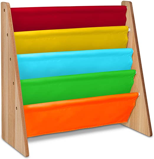 LIVIVO Children's Colourful Sling Storage Bookshelf – Easy Access Wooden Book Storage Rack with Soft Nylon Fabric Shelves Shelf to Protect your Kids Books (Multi-Colour)