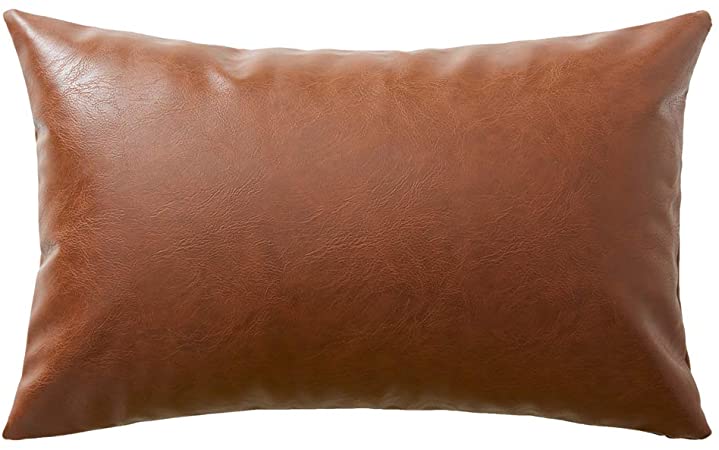 Fancy Homi Boho Thick Faux Leather Decorative Throw Pillow Covers, Modern Farmhouse Accent Solid Rectangle Cushion Case for Couch Sofa Bedroom Car Living Room (12x20 Inch/30x50 cm, Christmas Brown)