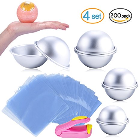 Metal Bath Bomb Mold 3 Size 4 Set 8 Pieces - 200 pcs Shrink Wrap Bags 6 x 6 Inch - BONUS Mini Heat Sealer - for DIY Bath Bombs, Handmade Soaps and Crafts - with Instructions