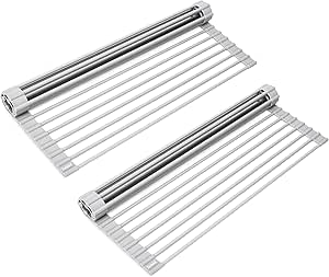 Surpahs Over Sink Foldable Multipurpose Roll-Up Dish Drying Rack, Silicone Wrapped Stainless Steel, Warm Gray, 17.5" x 13.1" (Pack of 2)