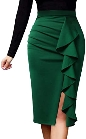 VFSHOW Women Elegant Ruched Ruffle Slit Work Business Party Pencil Skirt