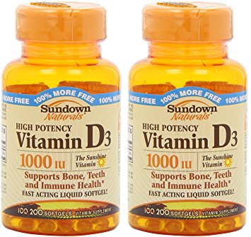 Sundown Naturals High Potency Vitamin D3, 1000 IU, Bonus Size Bottles 200 Softgels (Pack of 2) Total 400 Softgels